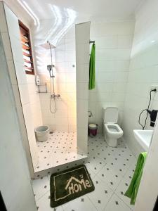 een badkamer met een douche, een toilet en een wastafel bij Hidden Gem In Oyibi New 2 Luxury Bedroom Apartment in Aburi