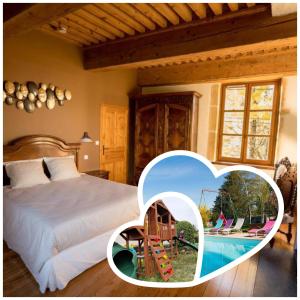 a bedroom with a bed and a pool and a picture of a house at Le Relais Des Dames in Neuville-sur-Saône