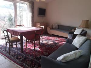 - un salon avec une table et un canapé dans l'établissement Haus am Südhang, à Bad Gottleuba-Berggießhübel
