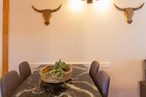 a table with a plant on it with horns on the wall at Refugio de Montaña con Río y Vistas Únicas I AndBnB in Canillo