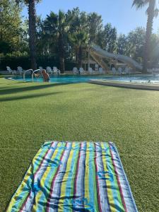 una manta sobre el césped junto a una piscina en Mobil-home bord de mer, en Vendres
