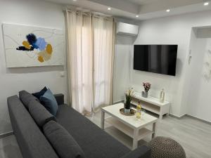 a living room with a gray couch and a tv at Central Suites Aegina 4 in Egina