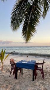 a table and chairs on a beach with the ocean at Casa Rural El Paraíso de Saona in Mano Juan