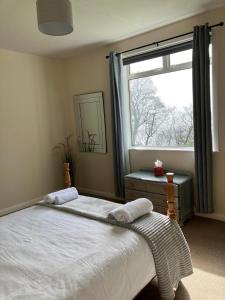 1 dormitorio con cama y ventana grande en Dunholm Cottage, en Skelmorlie