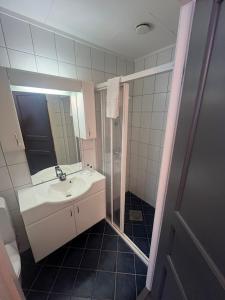 a small bathroom with a sink and a shower at Welcome Inn Hotel Lyngskroa in Oteren