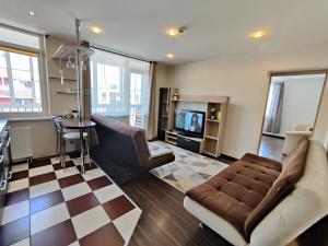 ein Wohnzimmer mit einem Sofa und einem TV in der Unterkunft Apartments near BIG in Vilnius