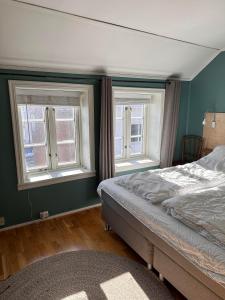 a bedroom with two windows and a bed at Tidligere stall omgjort til koselig hjem i sentrum in Tromsø