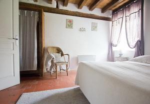 a bedroom with a bed and a chair next to a window at Château - Hôtel Le Sallay in Magny-Cours