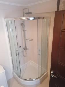 a shower with a glass enclosure in a bathroom at Nikitihouse Apartments 2 in Nikiti