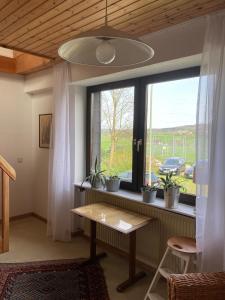 a window in a room with a table and a window with plants at Ferienwohnung Frangenberg in Lindlar