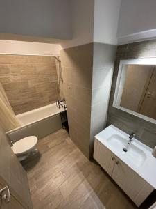 uma casa de banho com um lavatório e um WC em Fancy apartament Silk district em Iaşi