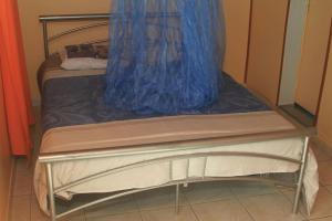 a bed with a blue curtain on top of it at Le carambolier maison avec vue imprenable in La Trinité