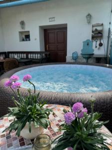 a large swimming pool with purple flowers on a table at Vila Nízke Tatry in Horná Lehota