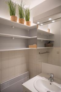 une salle de bain avec un lavabo et des étagères avec des plantes dans l'établissement Dzee Appartement frontaal zeezicht en gratis parking, à Coxyde