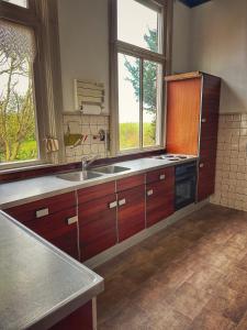a large kitchen with a sink and two windows at Huize Adriana in Wolphaartsdijk