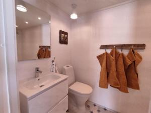een badkamer met een wastafel, een toilet en een spiegel bij Norwegian house Maria Stua in Mefjordvær