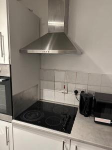 uma cozinha com uma placa de fogão e forno. em Lovely Modern One bedroom Flat close to station em Belvedere