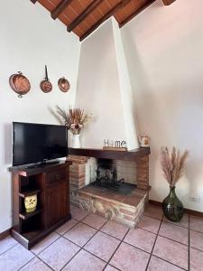 Una sala de estar con chimenea y TV de pantalla plana. en Casa il Cipresso, en Castelnuovo Berardenga