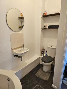 La salle de bains est pourvue de toilettes, d'un lavabo et d'un miroir. dans l'établissement One Bedroom flat sittingbourne, à Kent