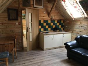 una cocina en una cabaña de madera con una puerta abierta en Agroturystyka Hanka i Jurek, en Boruja