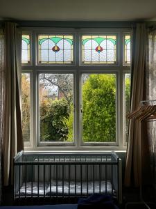 ventana en una habitación con cuna en la parte delantera en A cosy garden flat in a quiet area close to the city centre en Bristol