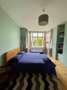 Un dormitorio con una cama azul y una ventana. en A cosy garden flat in a quiet area close to the city centre, en Bristol