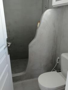a small bathroom with a toilet and a shower at Blue Waves Suite Mykonos in Kalafatis +28 photos