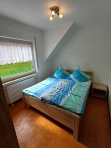 a bedroom with a bed with blue pillows and a window at Ferienhaus Urban mit Garage in Wimbach