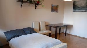 Un dormitorio con una cama, una mesa y una silla. en Radzikowskiego 100B, en Cracovia