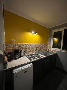a kitchen with a stove and a yellow wall at chalet Ti kaz pitaya in Le Tampon