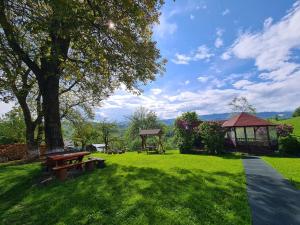un parque con mesa de picnic y cenador en Nona Highland Home, en Moieciu de Jos