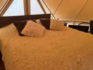 uma cama com duas almofadas em cima em Wellness summa pace AERE em Berlare
