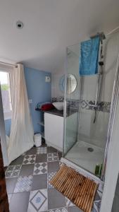a bathroom with a shower and a tiled floor at Duplex cosy dans la rue des caves à vin in Saumur