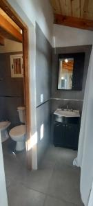 un bagno con due lavandini, un water e uno specchio di Cabañas Seru a El Bolsón