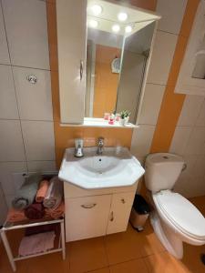 a bathroom with a sink and a toilet and a mirror at Sea view studio in Kírra