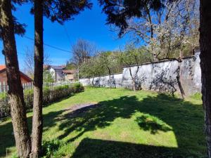 a shady yard with trees and a wall at FERA Apartments in Sarajevo