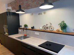 a kitchen with a sink and a bike on the counter at Loft inmitten der Altstadt in Wangen im Allgäu