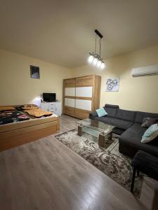 ein Wohnzimmer mit einem Sofa und einem Bett in der Unterkunft Alpino in Ljubljana