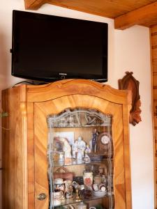 - une télévision au-dessus d'un meuble en bois avec une porte en verre dans l'établissement Domek myśliwski na wsi, à Przemyśl