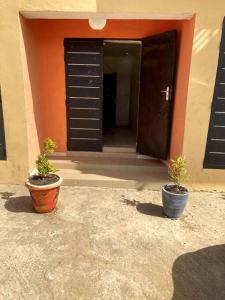 dois vasos de plantas sentados à frente de uma porta em Résidence Daldiam em Thiès