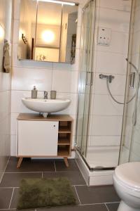 ゲルゼンキルヒェンにあるRuhrGEbietsquartier - Gemütliche Wohnung in Gelsenkirchen-Buerの洗面台とシャワー付きのバスルーム