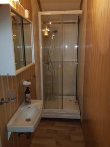 a bathroom with a shower and a sink at George&K Apartament in Larvik