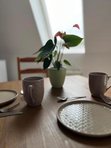 a wooden table with plates and a potted plant on it at 1 Raum Wohnung in ruhiger Lage in Limbach-Oberfrohna