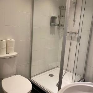 een badkamer met een douche, een toilet en een wastafel bij Vika Residence Deluxe Apartments Wednesbury Holiday Resort in Wednesbury