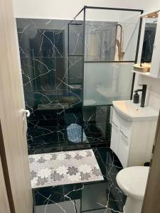 een badkamer met een douche, een toilet en een wastafel bij Greenlight Studio by DAT Apartments in Cluj-Napoca