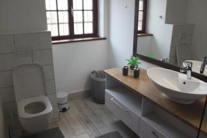 y baño con lavabo, aseo y espejo. en Onduno Self-catering en Swakopmund