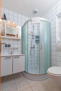 y baño con ducha de cristal y aseo. en Apartments Antic, en Pula