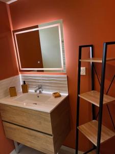 een badkamer met een wastafel, een spiegel en een plank bij Le capèu in Mollégès