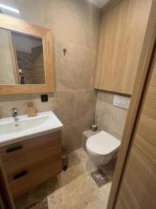 ein Badezimmer mit einem WC, einem Waschbecken und einem Spiegel in der Unterkunft MORINGA - New unit for 2 AC close to beach in Antibes