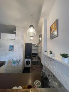 uma cozinha com um lavatório e um fogão em Cannes Banane - Appartement 2P em Cannes